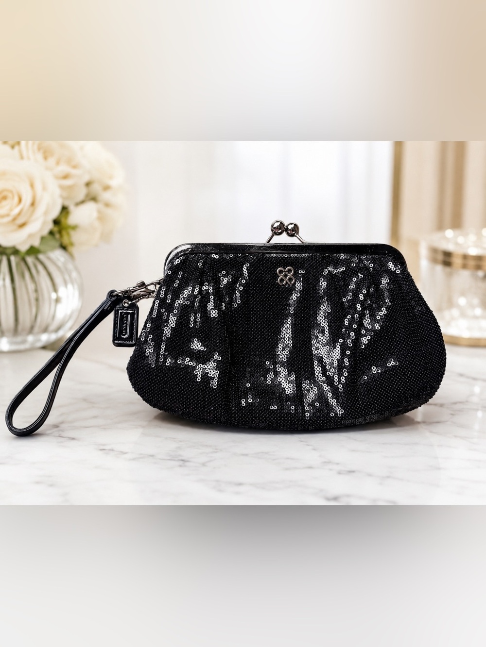 Coach Black Sequin Kiss Lock Wristlet Clutch Evening Bag